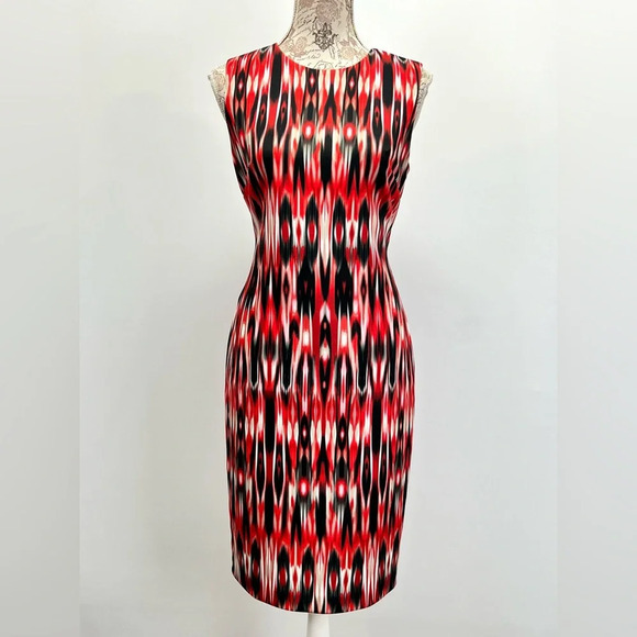 CALVIN KLEIN Red and black abstract print sleeveless sheath dress size 8 - Picture 6 of 14